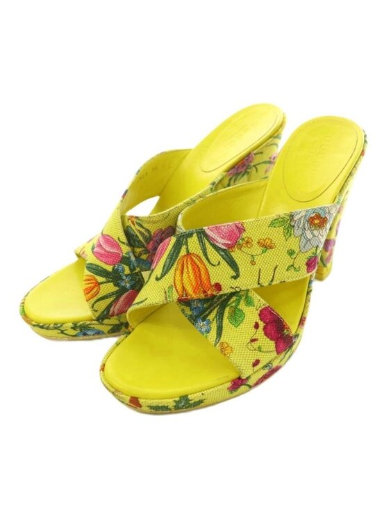 Gucci Shoes - Gucci Sandals Canvas Chunky Heels Floral 36 Yellow BB
